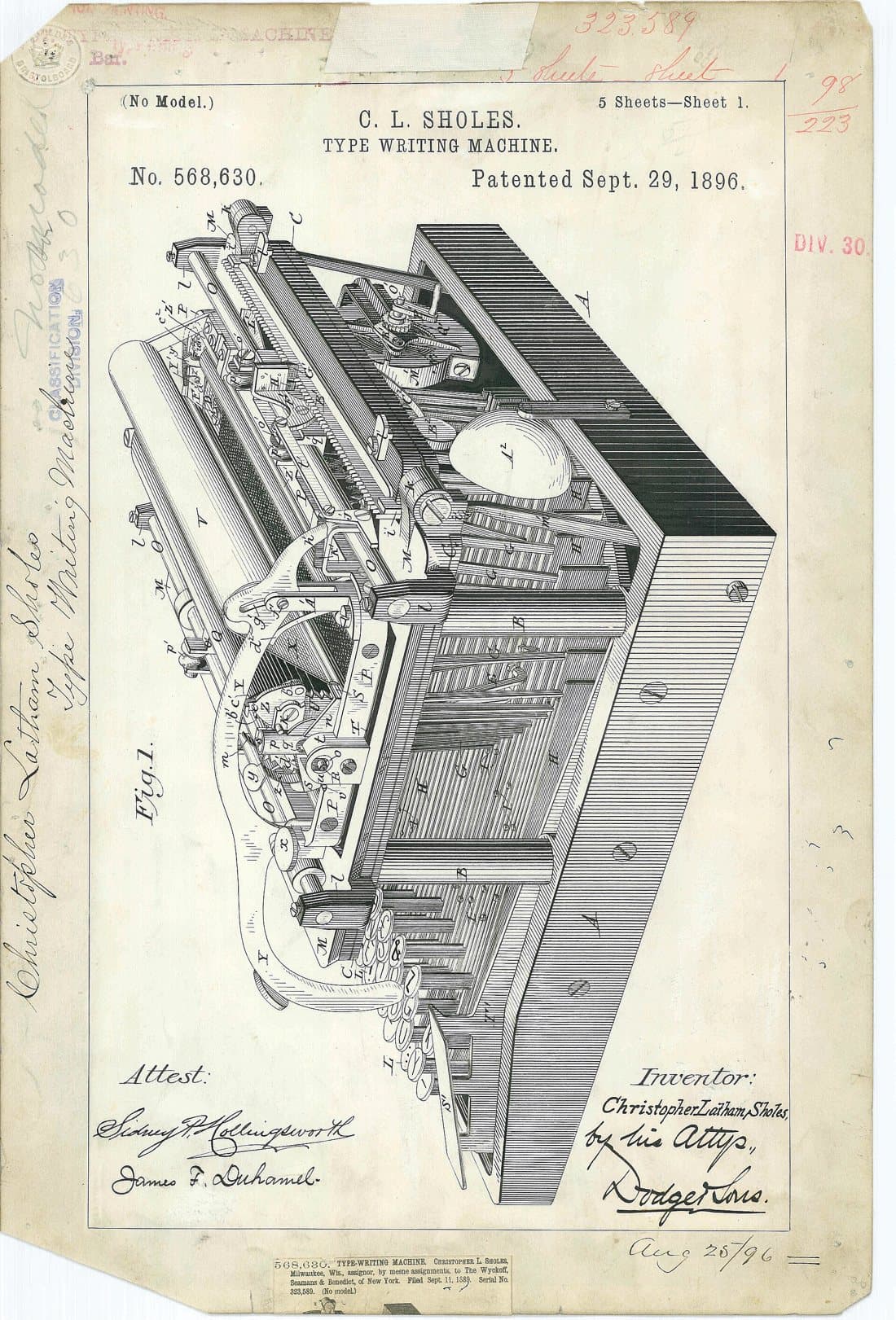 Máquina de escribir, dibujo de patente de 1896, acabado papel archivo