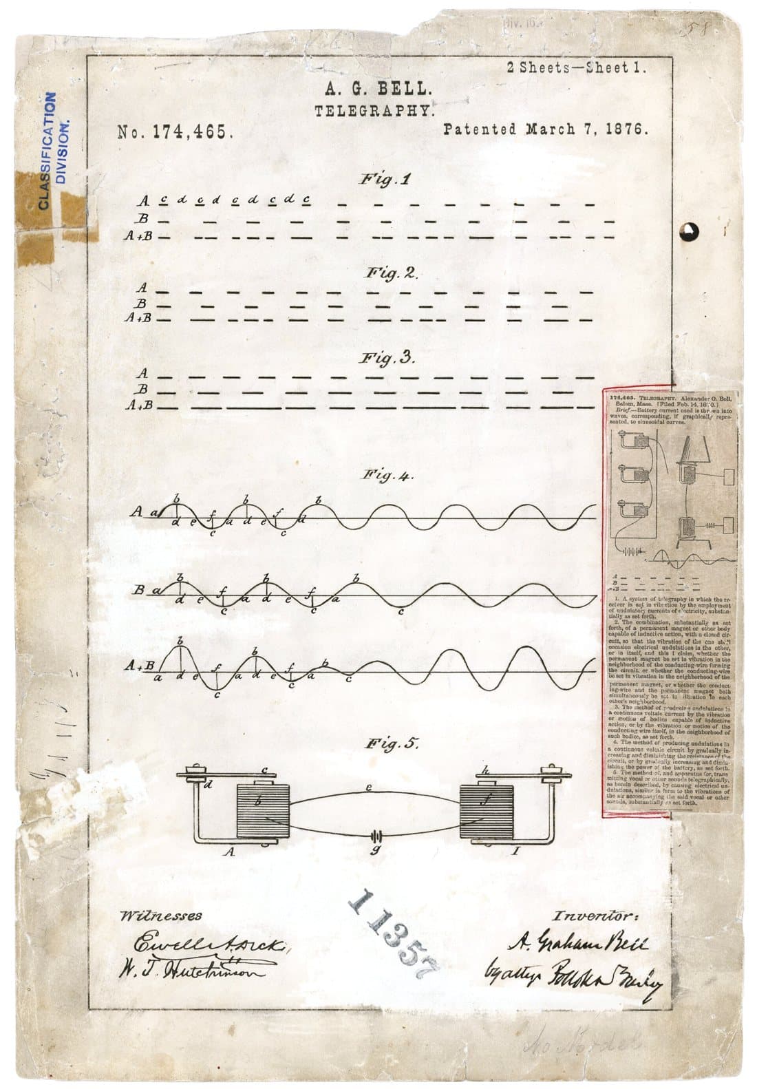 Mejora en telegrafía, dibujo de patente de 1876, acabado papel archivo