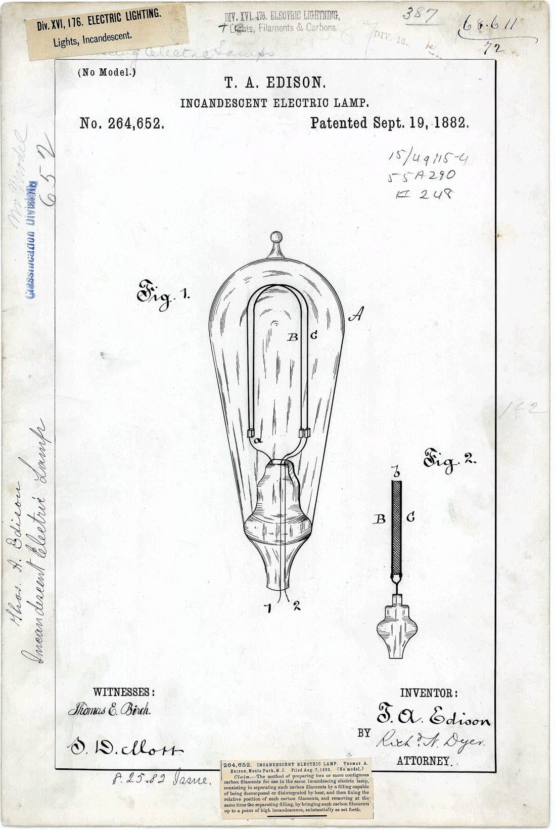 Lámpara eléctrica incandescente, dibujo de patente de 1882, acabado papel archivo