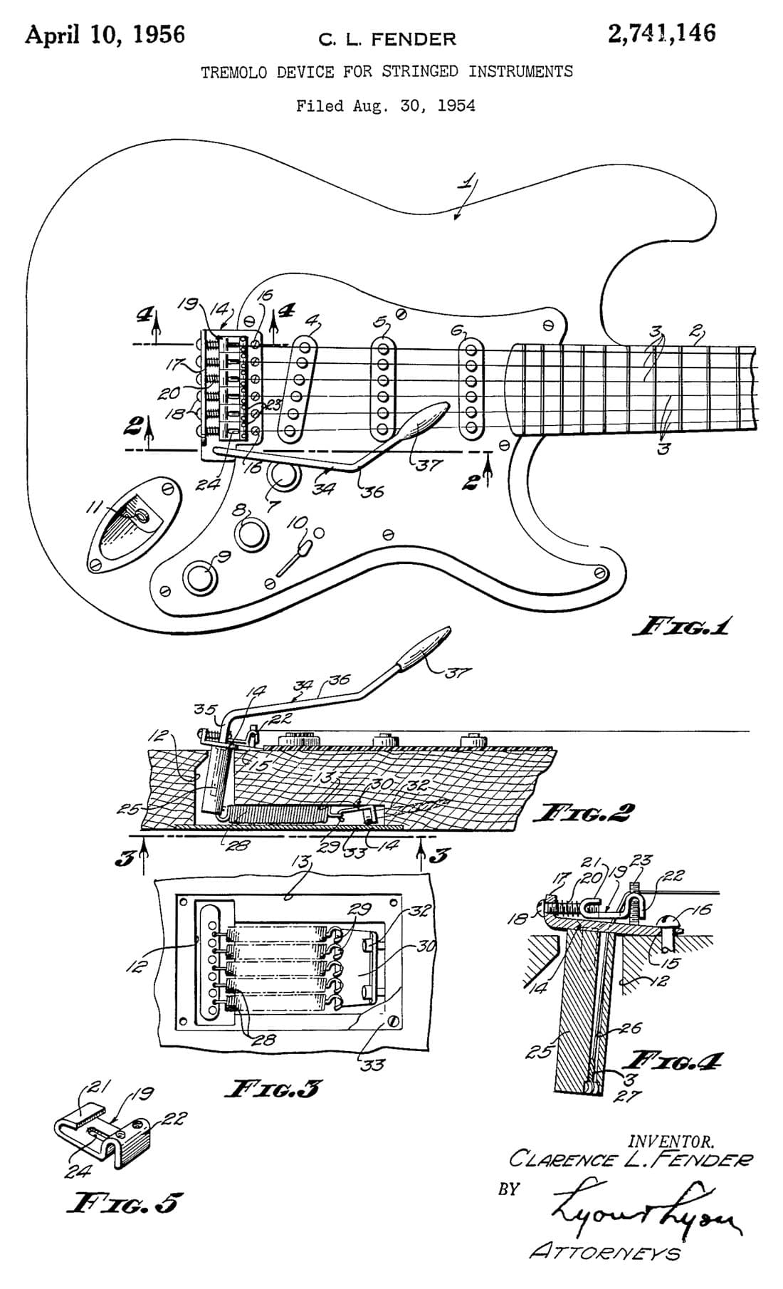 Dispositivo de trémolo, dibujo de patente de 1956, acabado papel archivo