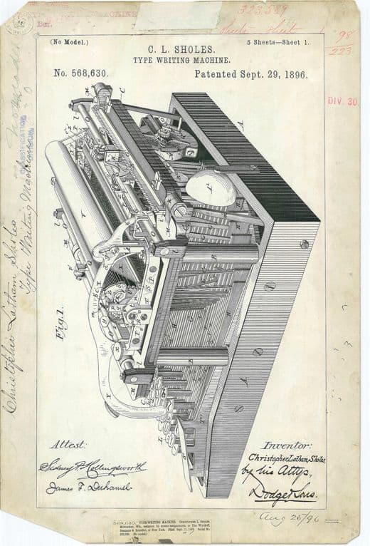 Máquina de escribir, dibujo de patente de 1896, acabado papel archivo