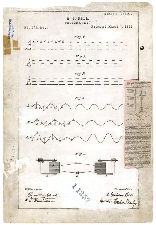 Mejora en telegrafía, dibujo de patente de 1876, acabado papel archivo