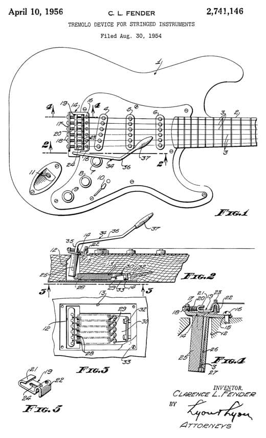Dispositivo de trémolo, dibujo de patente de 1956, acabado papel archivo