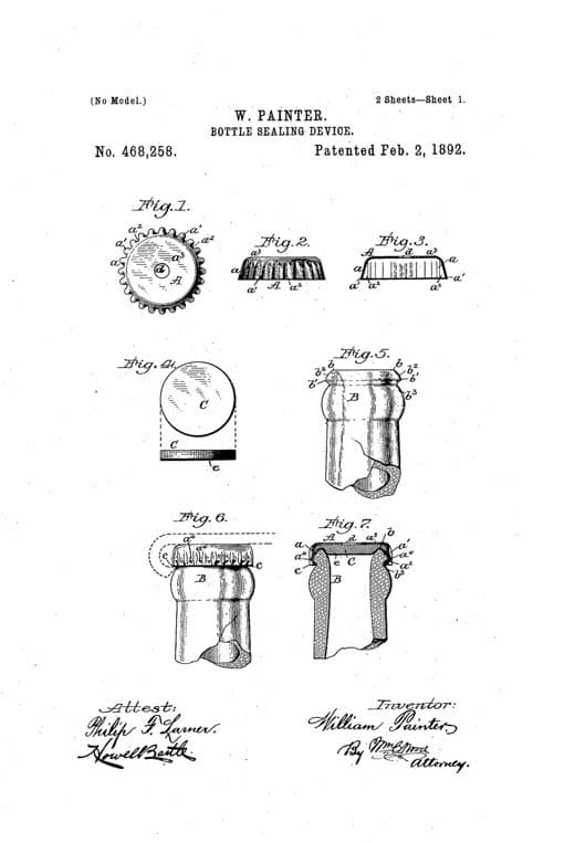 Tapón para botellas, dibujo de patente de 1892, acabado papel archivo