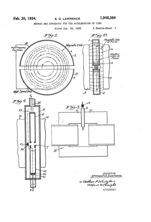 Acelerador de iones, dibujo de patente de 1934, acabado papel archivo