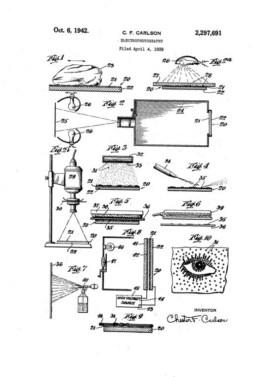 Electrofotografía, dibujo de patente de 1942, acabado papel archivo