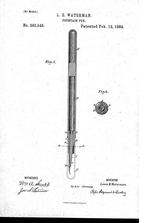 Pluma estilográfica, dibujo de patente de 1884, acabado papel archivo