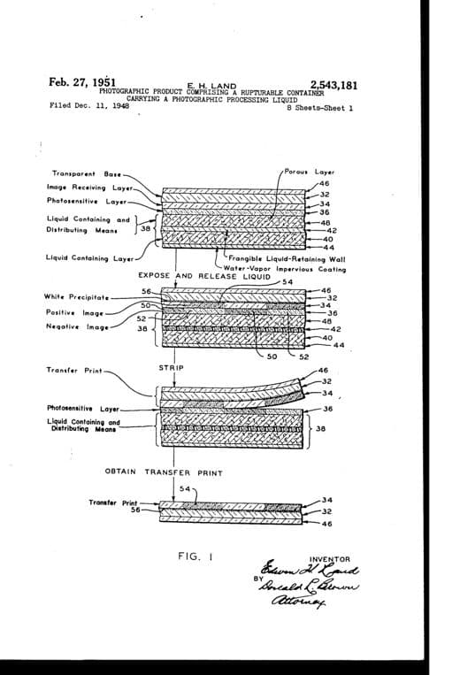 Fotografía instantánea, dibujo de patente de 1951, acabado papel archivo