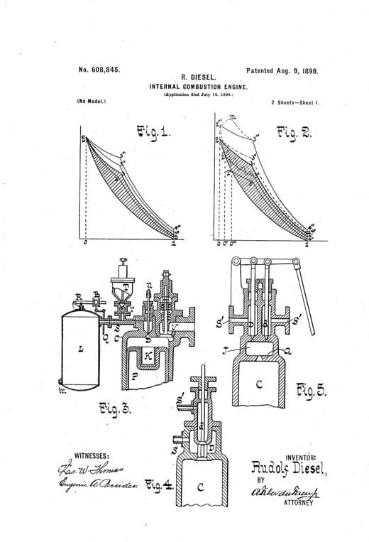 Motor de combustión interna, dibujo de patente de 1898, acabado papel archivo
