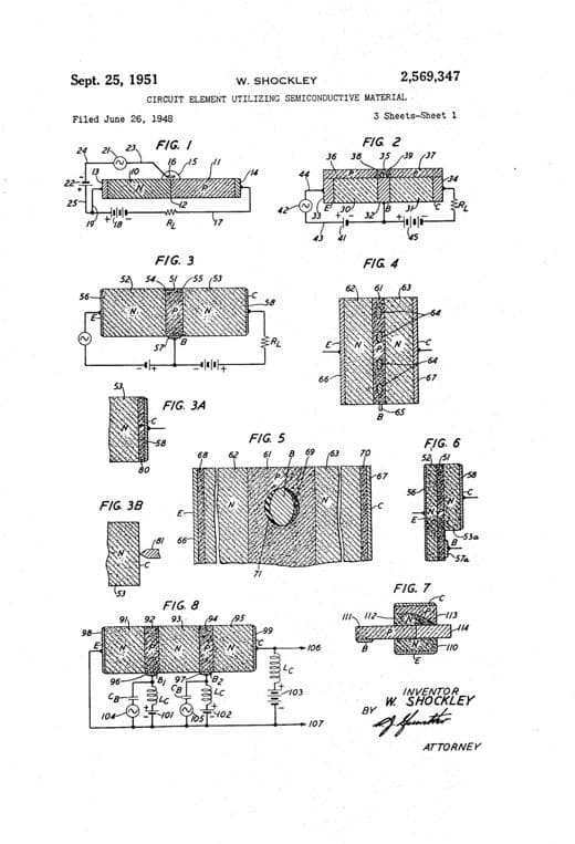 Transistor de unión, dibujo de patente de 1951, acabado papel archivo