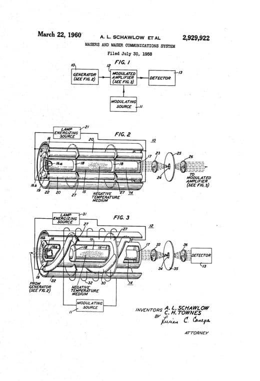 Máser y sistema de comunicaciones, dibujo de patente de 1960, acabado papel archivo