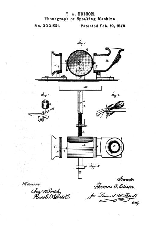 Fonógrafo, dibujo de patente de 1878, acabado papel archivo