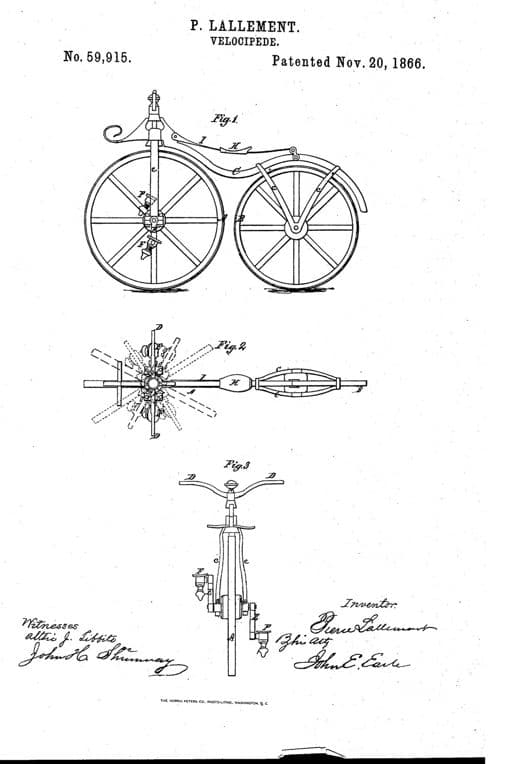 Velocípedo, dibujo de patente de 1866, acabado papel archivo