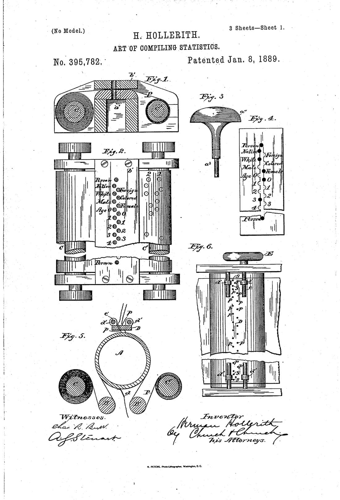 Tabuladora estadística, dibujo de patente de 1889, acabado papel archivo
