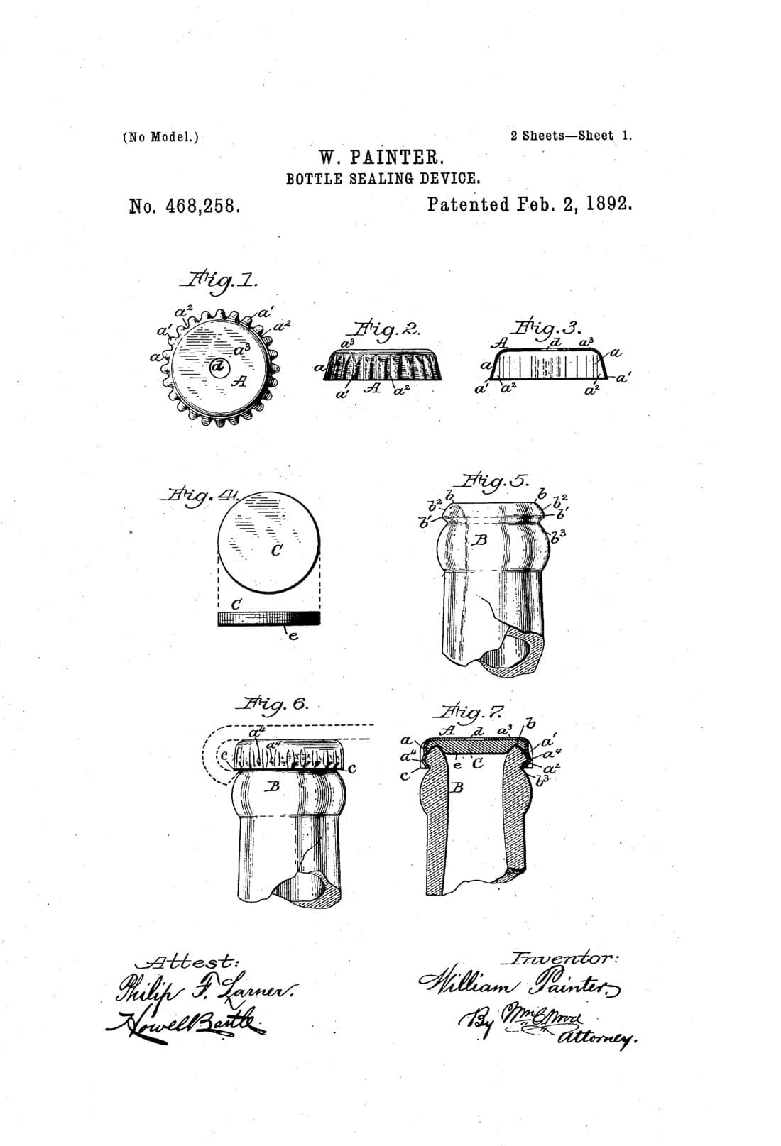 Tapón para botellas, dibujo de patente de 1892, acabado papel archivo