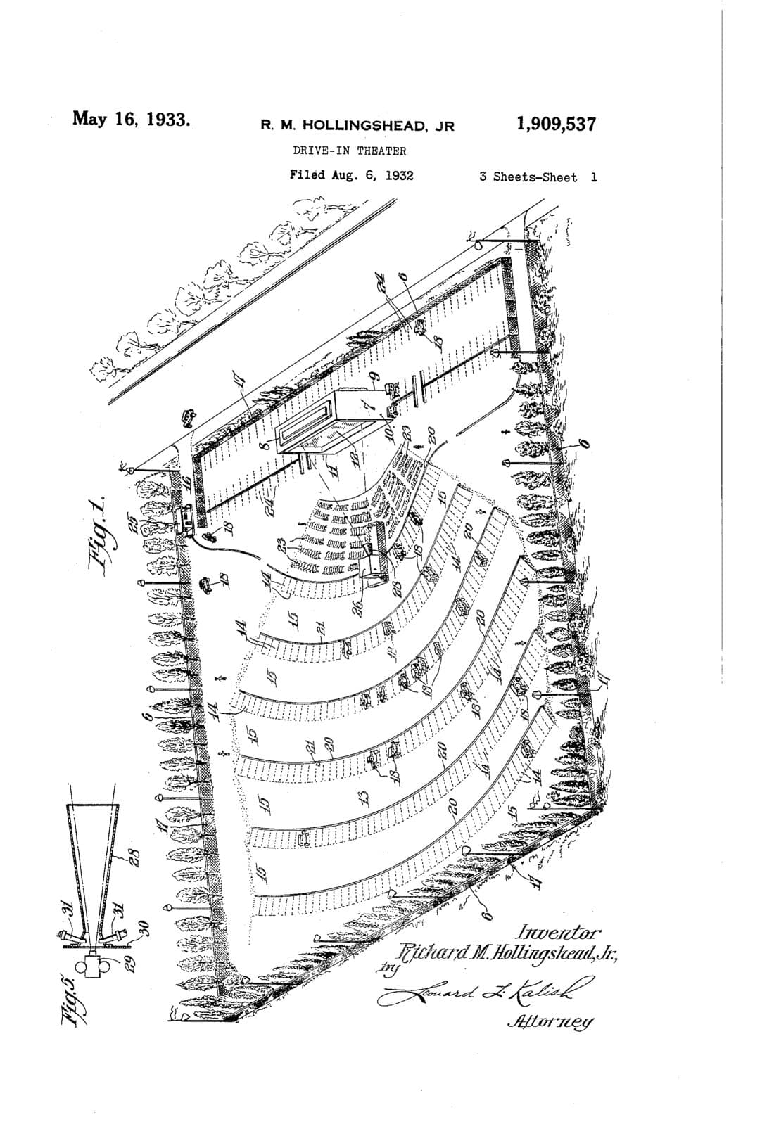 Autocine, dibujo de patente de 1933, acabado papel archivo