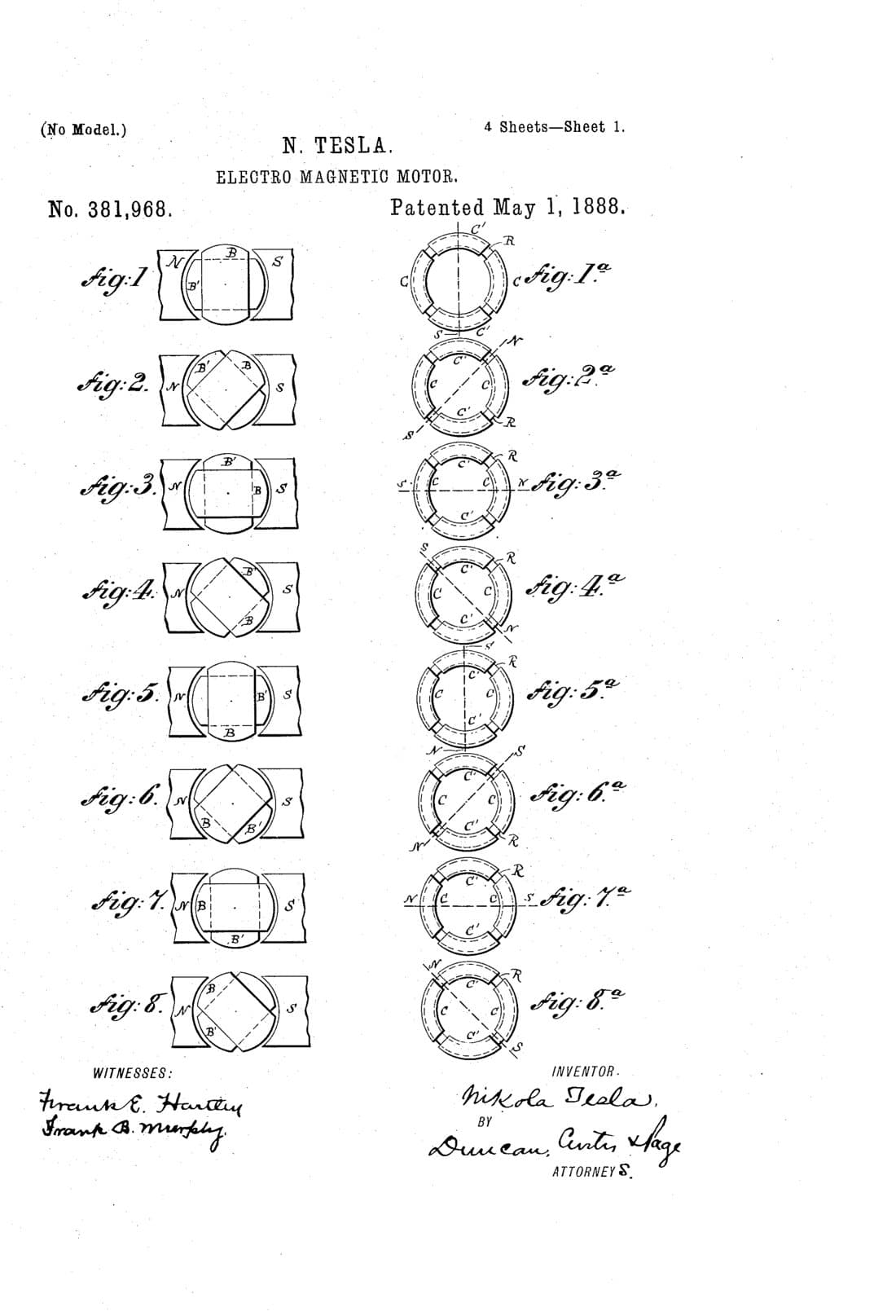 Motor electromagnético, dibujo de patente de 1888, acabado blueprint