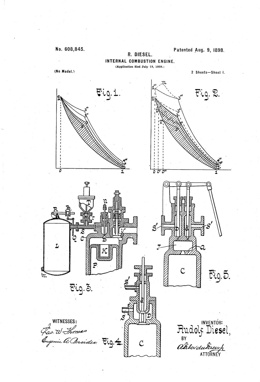 Motor de combustión interna, dibujo de patente de 1898, acabado papel archivo
