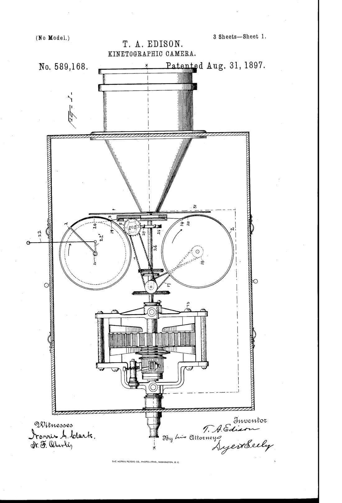 Cámara cinematográfica, dibujo de patente de 1897, acabado blueprint