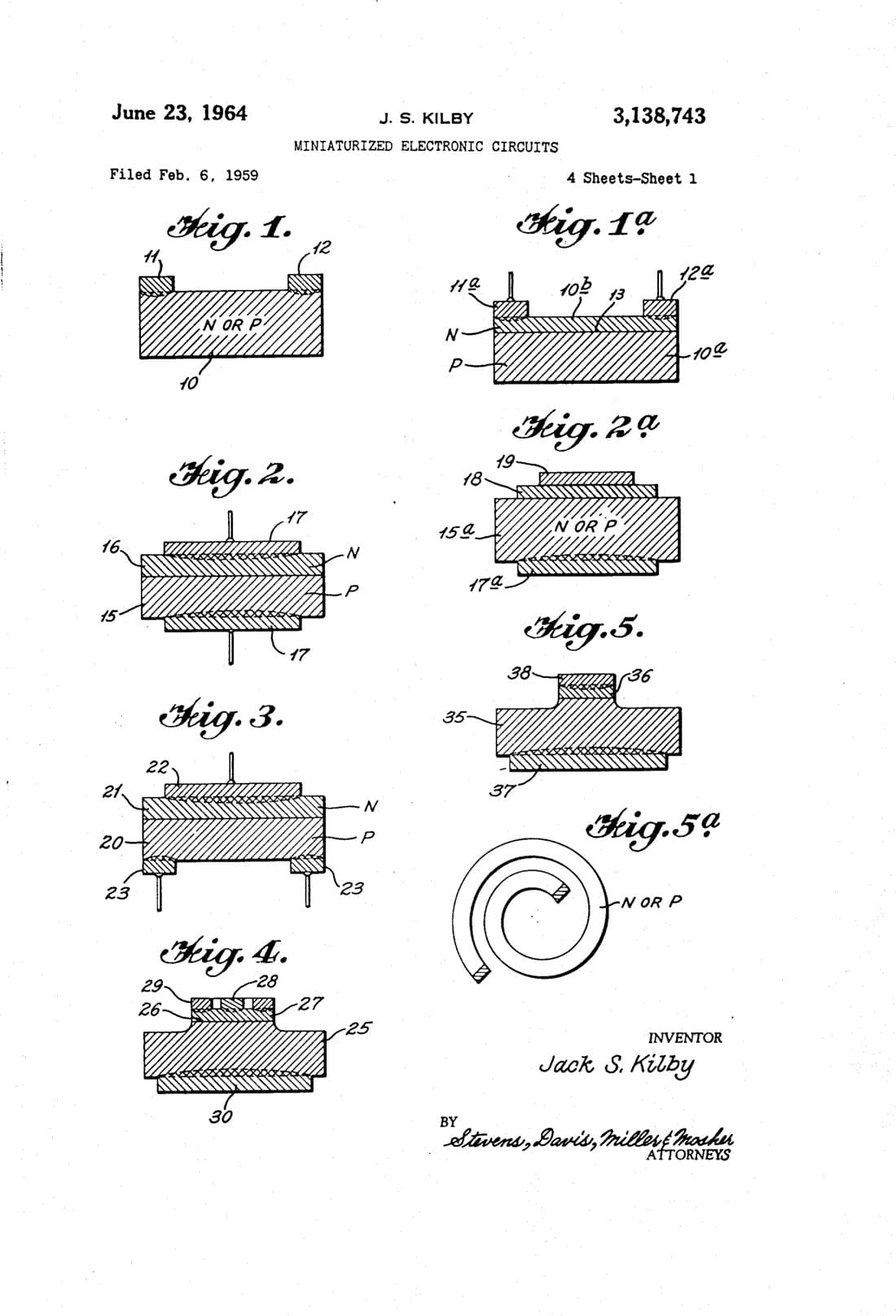 Circuitos electrónicos miniaturizados, dibujo de patente de 1964, acabado papel archivo