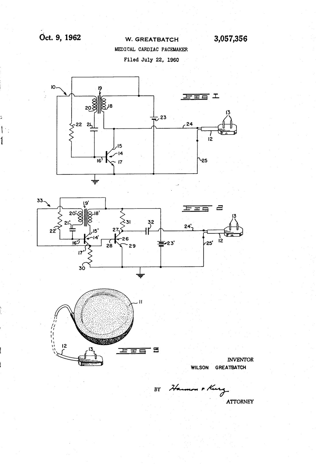 Medical cardiac pacemaker patent drawing, 1962