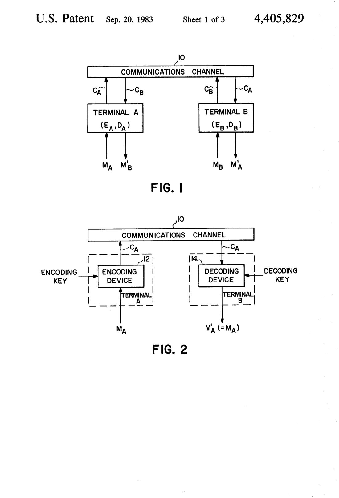 Cryptographic communications system and method patent drawing, 1983