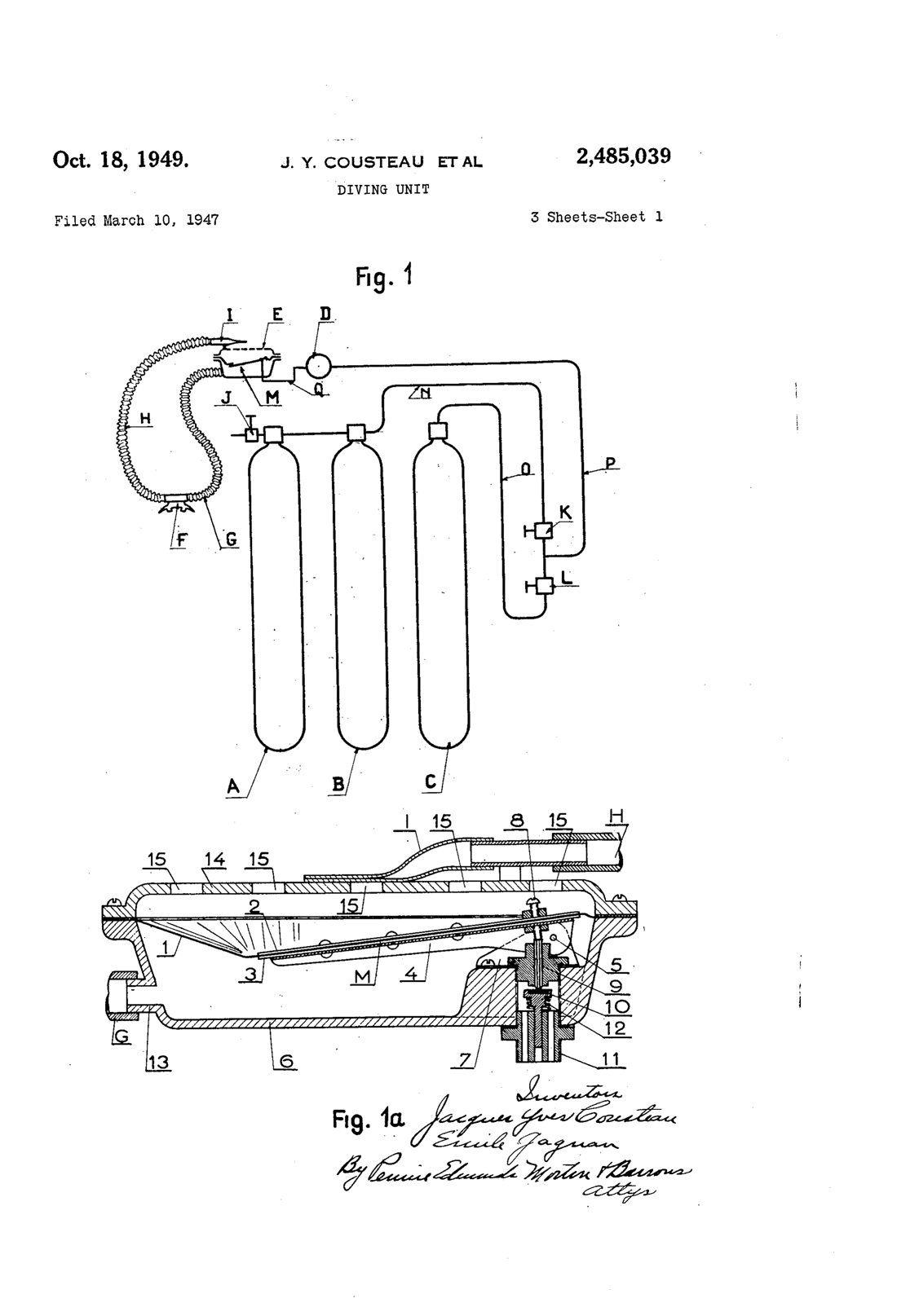 Diving unit patent drawing, 1949