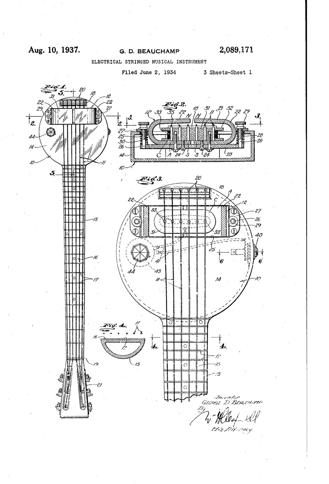 Electrical stringed musical instrument patent drawing, 1937