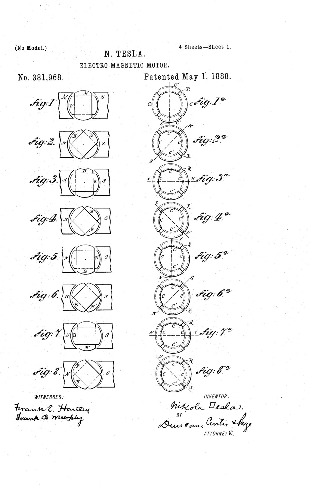 Electro-magnetic motor patent drawing, 1888