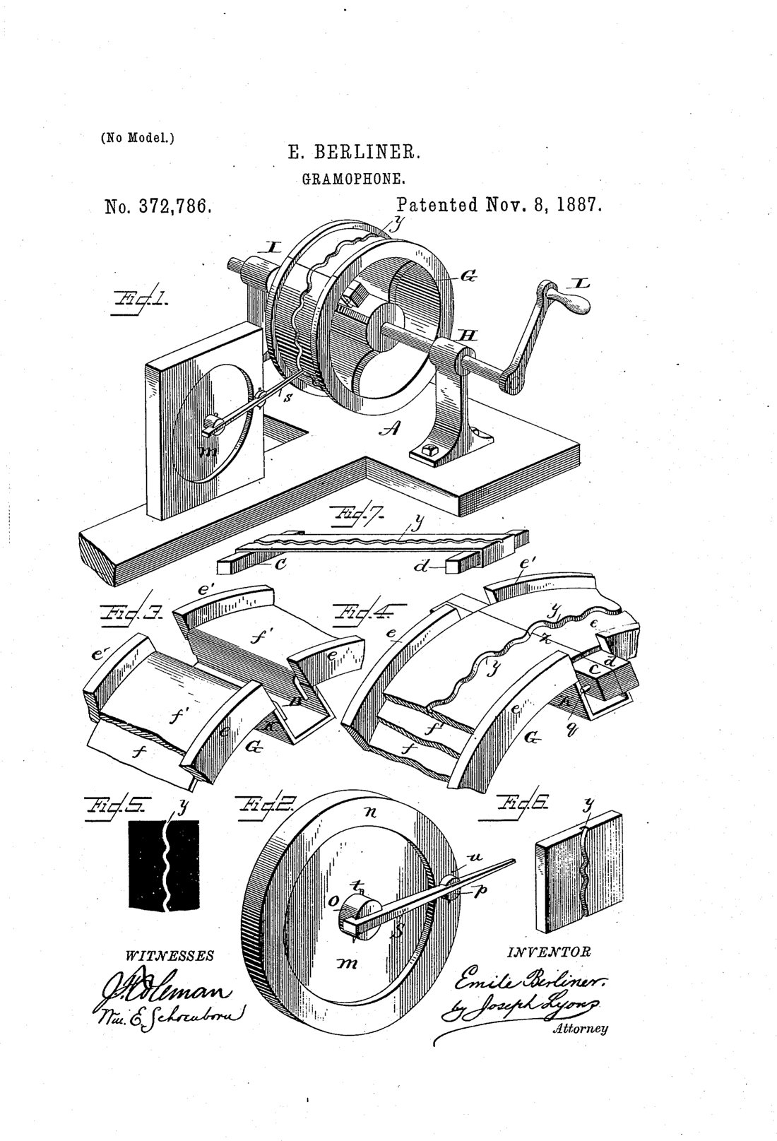 Gramophone patent drawing, 1887