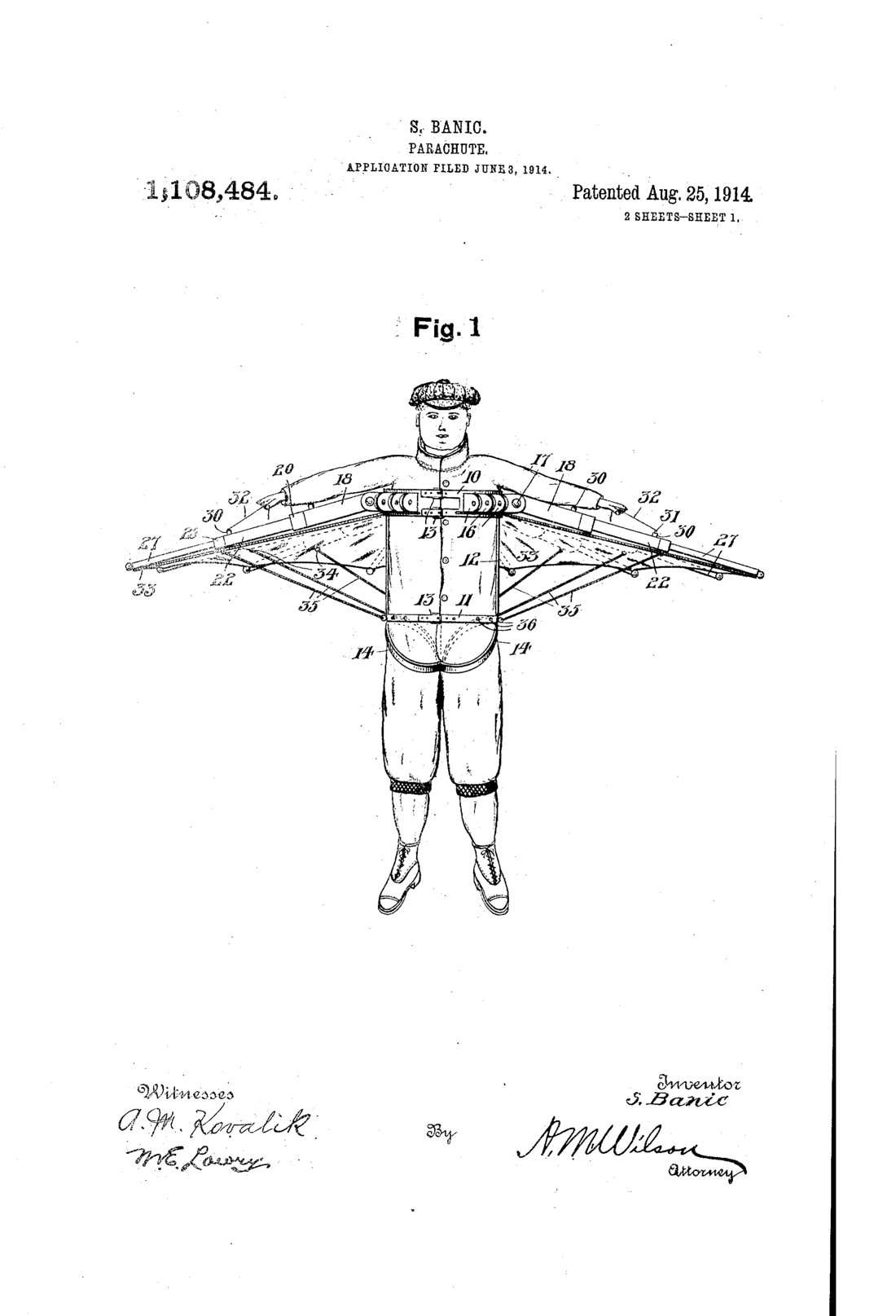 Parachute patent drawing, 1914