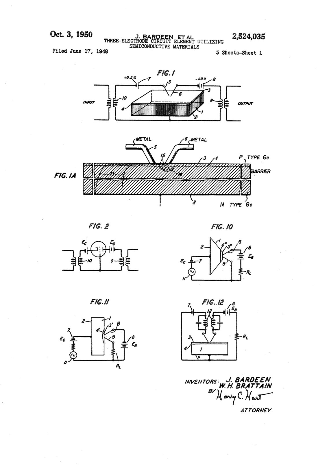 Three-electrode circuit element utilizing semiconductive materials patent drawing, 1950