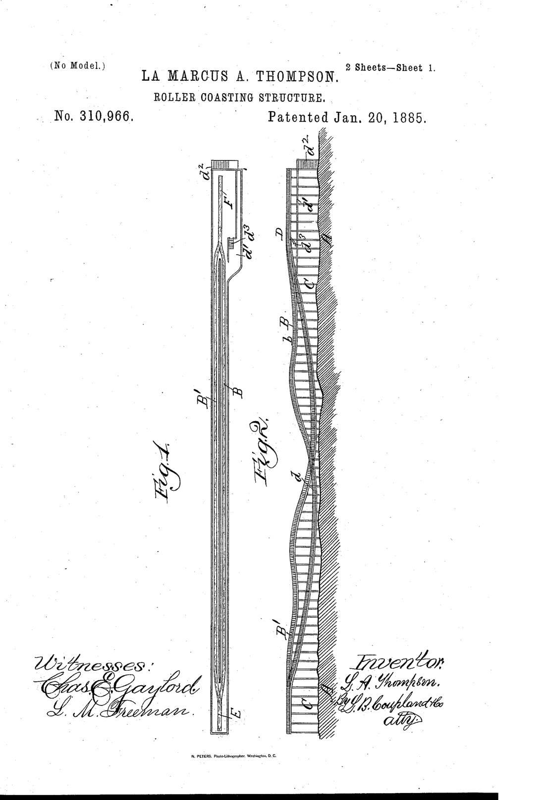 Roller coasting structure patent drawing, 1885