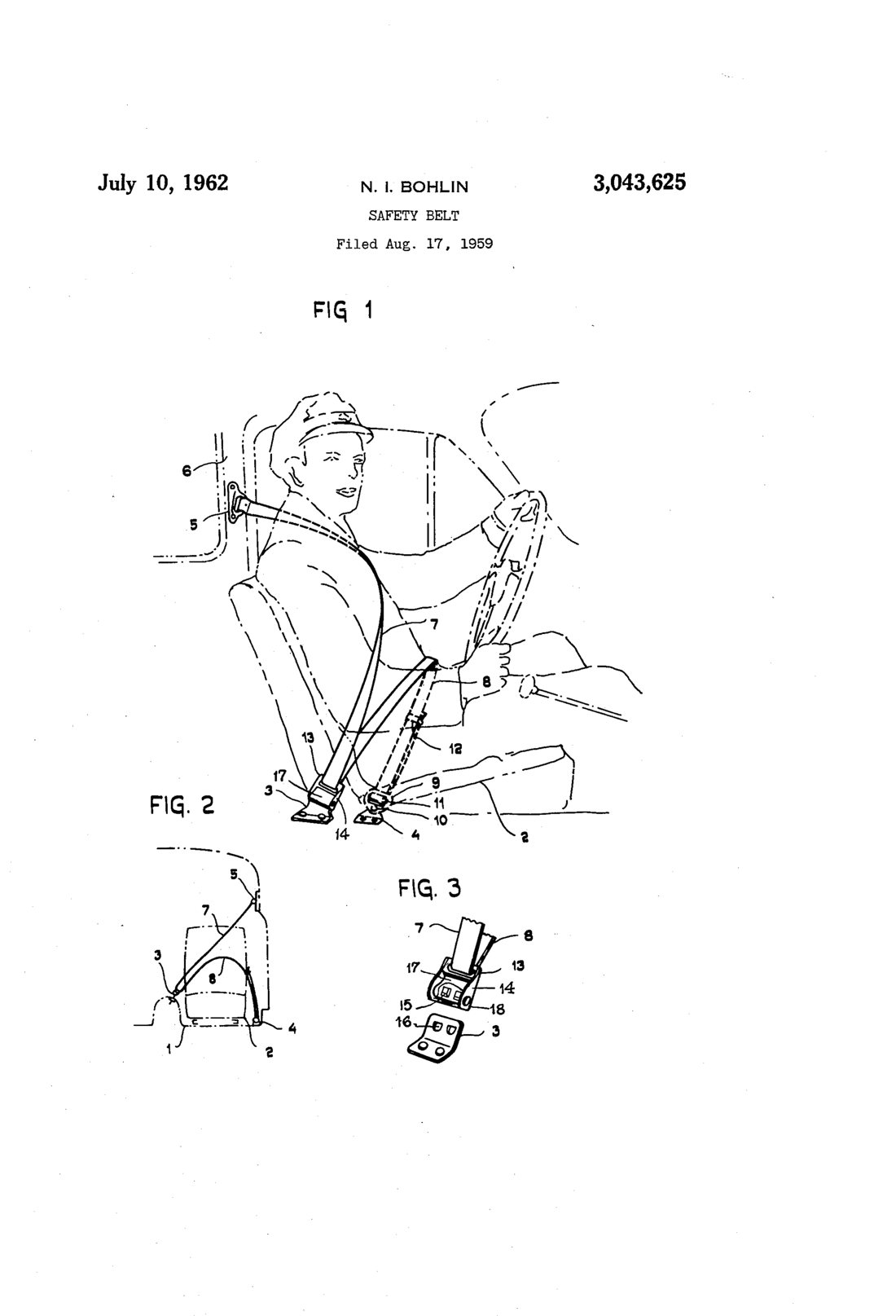 Safety belt patent drawing, 1962