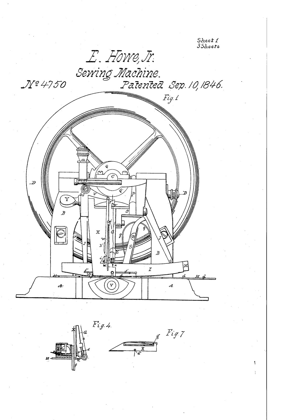 Improvement in sewing-machines patent drawing, 1846