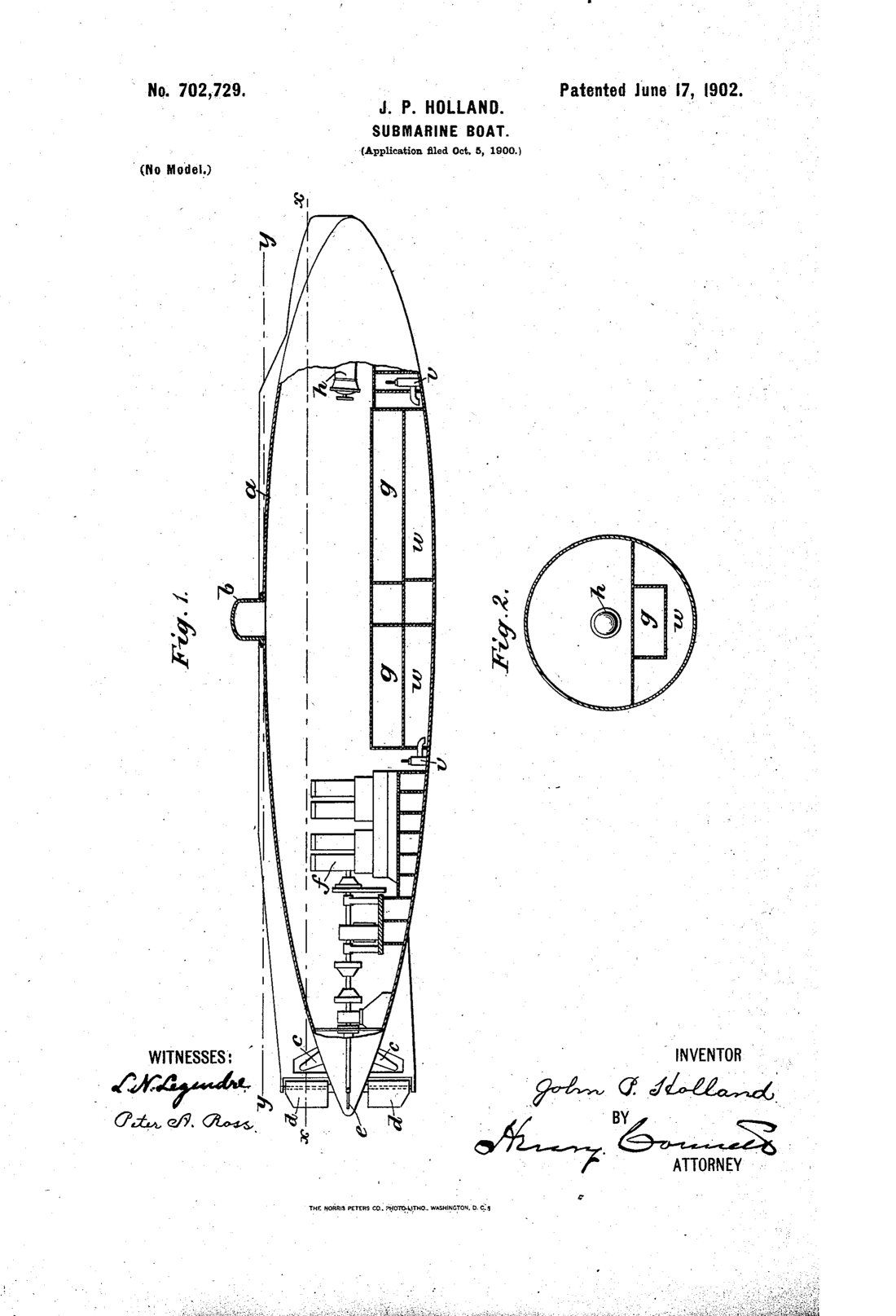 Submarine boat patent drawing, 1902