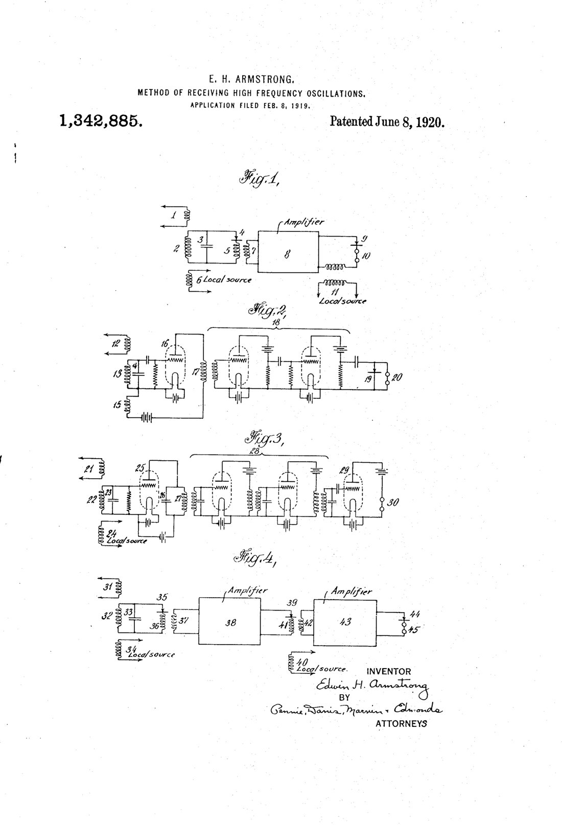 Method of receiving high-frequency oscillations patent drawing, 1920