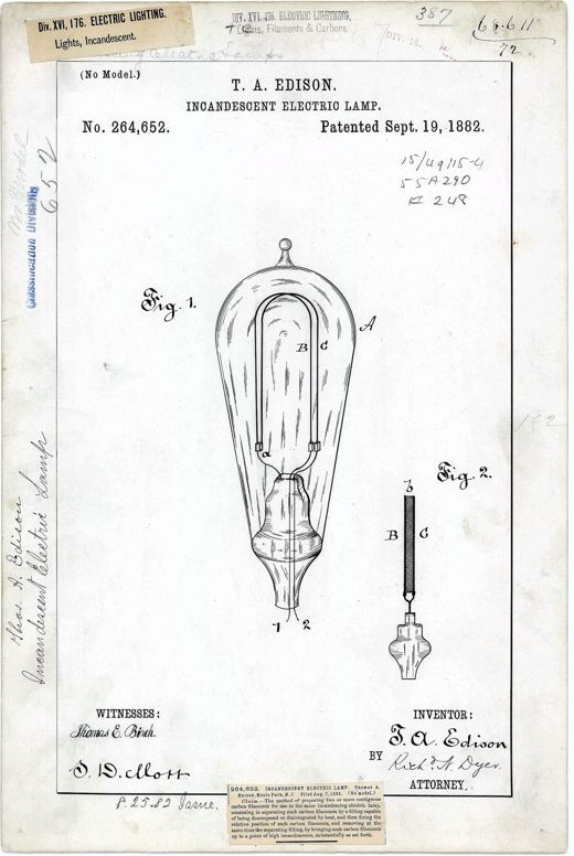 Incandescent Electric Lamp patent drawing, 1882