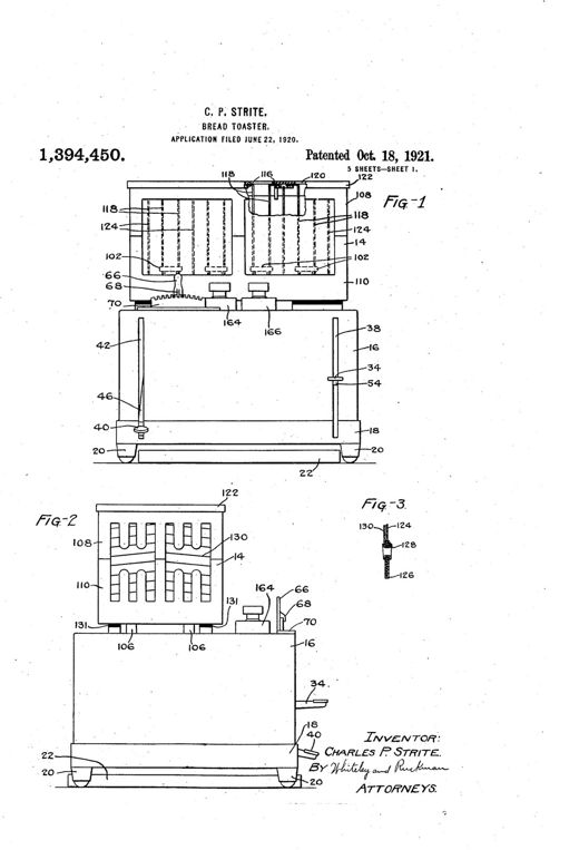 Bread-toaster patent drawing, 1921