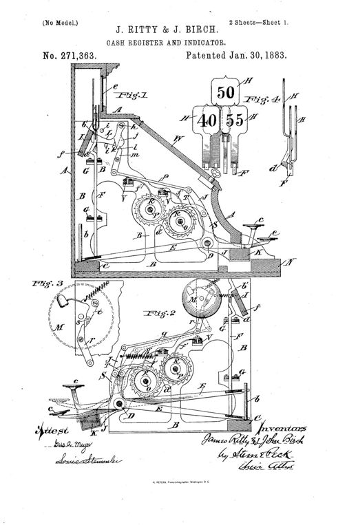 Cash register and indicator patent drawing, 1883