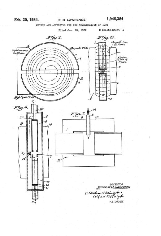 Method and apparatus for the acceleration of ions patent drawing, 1934