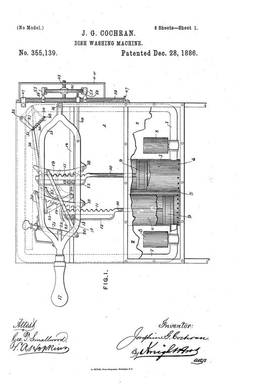 Dish-washing machine patent drawing, 1886