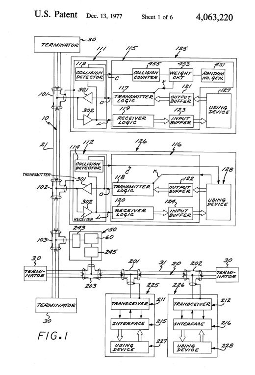 Multipoint data communication system with collision detection patent drawing, 1977