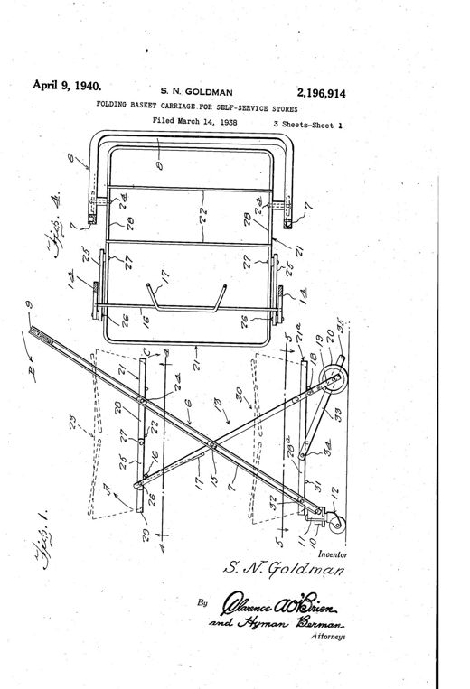 Folding basket carriage for self-service stores patent drawing, 1940