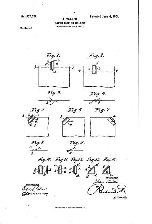 Paper clip or holder patent drawing, 1901