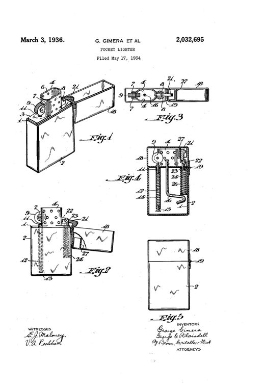 Pocket lighter patent drawing, 1936