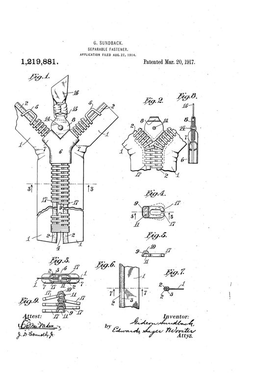 Separable fastener patent drawing, 1917
