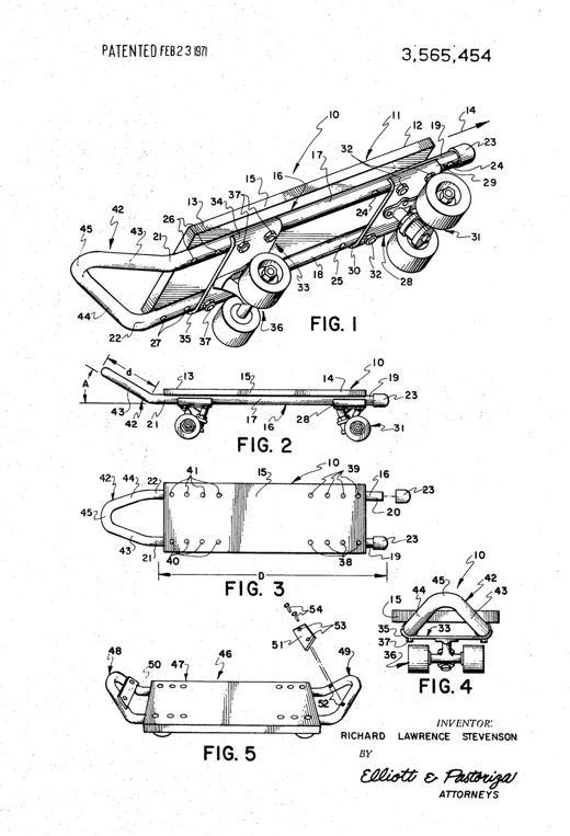 Skateboard patent drawing, 1971