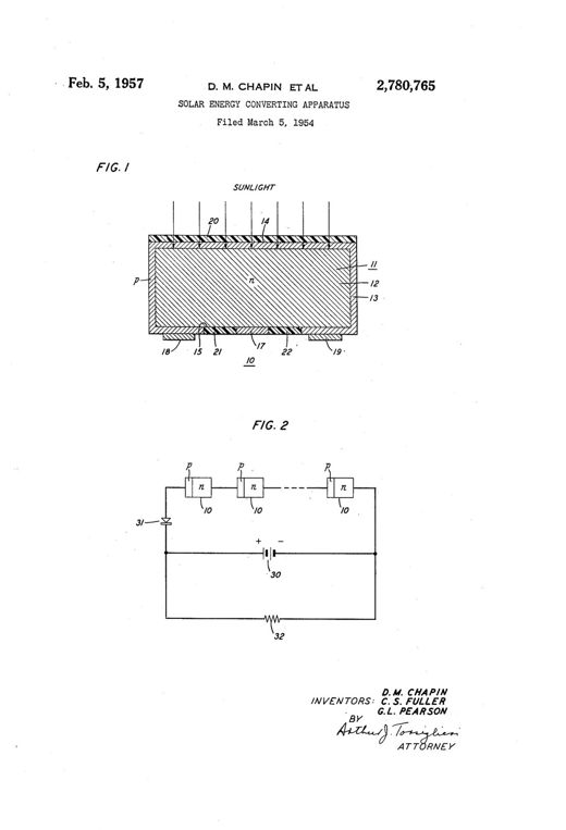 Solar energy converting apparatus patent drawing, 1957