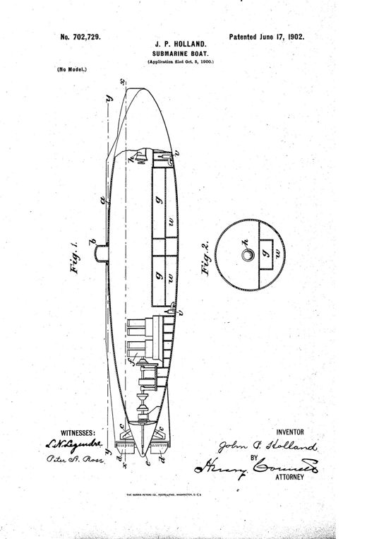 Submarine boat patent drawing, 1902
